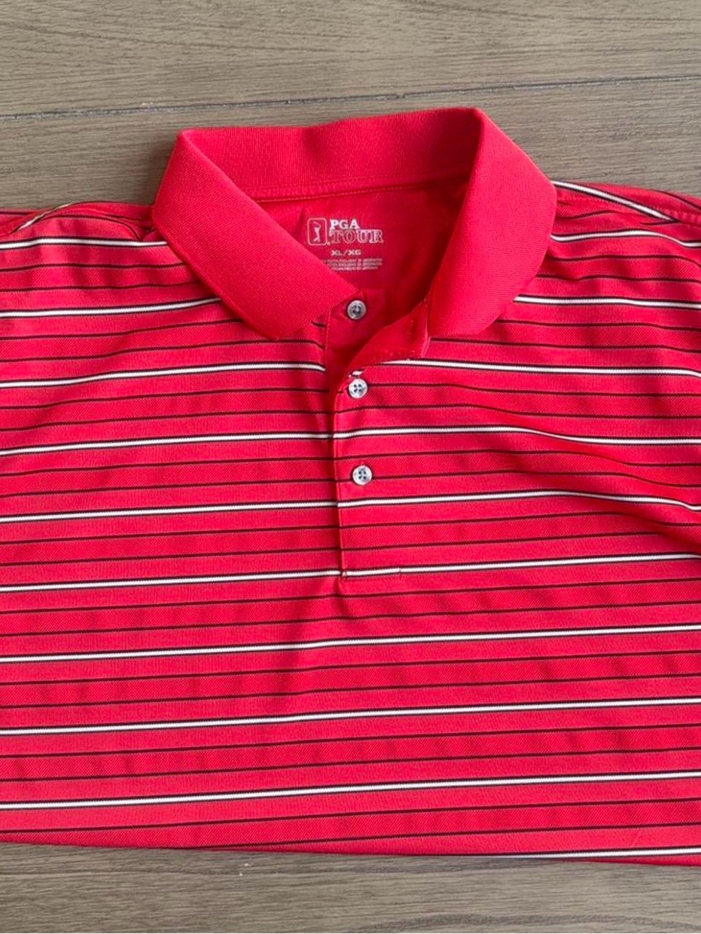 Used PGA Tour Men’s Bright Red Polo with White and Black Stripes
Size XL